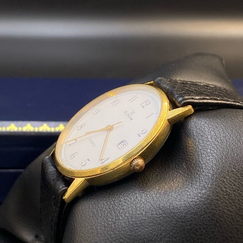 Edox Quartz wristwatch, Swiss made, gold plated, white dial