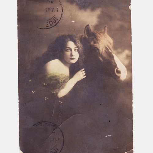 Vintage old postcard 1911, woman with horse, Georg Gerlach AG used