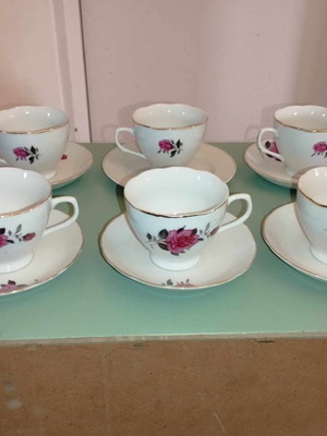 Vintage porcelain cup and saucer set with fuchsia roses