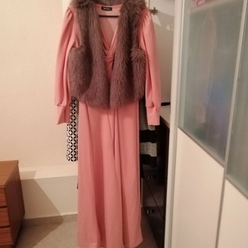 Official pink winter dress and brown fur vest like new