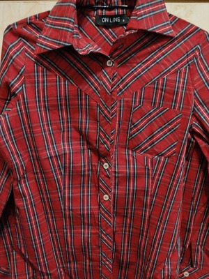 On Line checkered elastic shirt size S like new, black and red