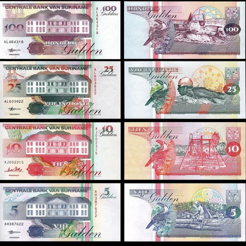 Χαρτονομίσματα Σουρινάμ καινούργια, σετ 4 Gulden 5, 10, 25, 100