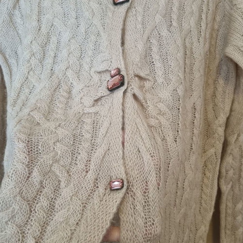 Mohair cardigan used with cable knit and pink buttons, one size