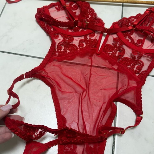 Red lace mesh body lingerie bodysuit new