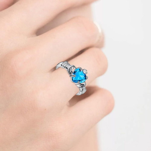 Women's ring new with blue heart-shaped zircon, silver plated