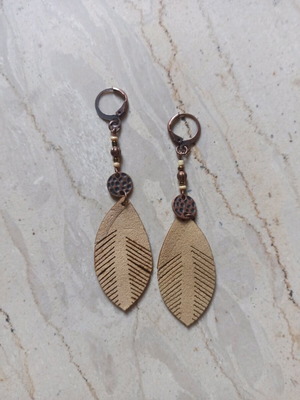 Handmade earrings new with leather leaves and beads