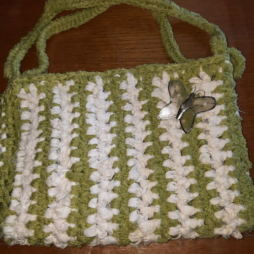 Handmade bag new from recycled olive green and white fabrics