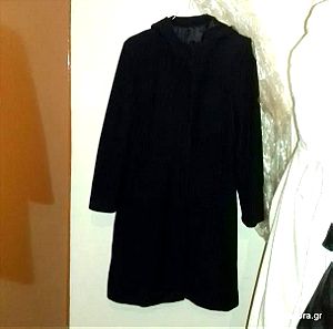 Παλτό μαύρο ολόμαλλο γυναικείο M με φερμουάρ και κουκούλα