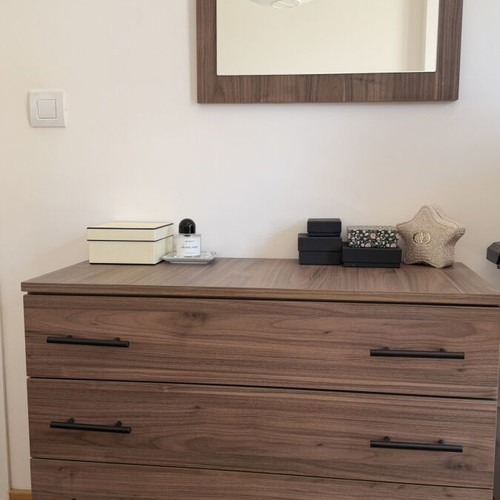 Bed with mattress, nightstands, dresser and mirror like new