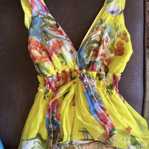 Bright Yellow Tropical Floral Chiffon Mini Dress very good condition