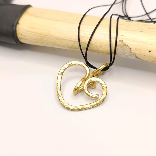 Handmade heart pendant brass with pink Swarovski beads and black nylon cord