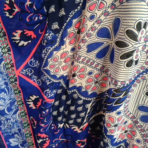 Caftan blouse like new, summer style with tassels, blue multicolor