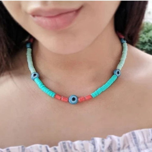 Handmade necklace with semi-precious stone chalcedony, Fimo beads and ceramic eyes