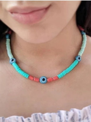 Handmade necklace with semi-precious stone chalcedony, Fimo beads and ceramic eyes