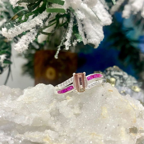 Handmade silver ring with natural watermelon tourmaline, ruby and moissanite