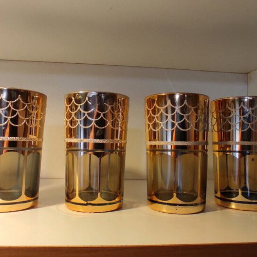 Vintage set of 6 tall glasses with gold patina and embossed designs, Made in Corea