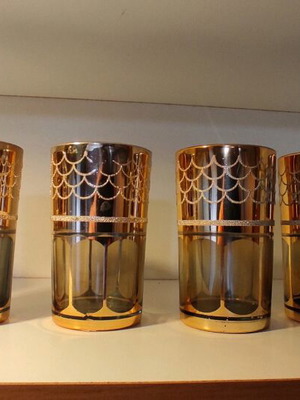 Vintage set of 6 tall glasses with gold patina and embossed designs, Made in Corea