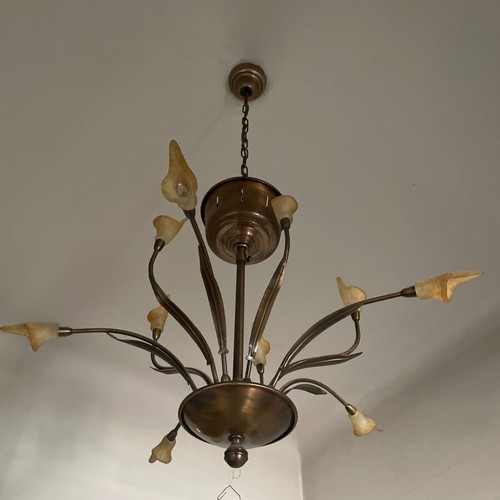 Ceiling light chandelier used, bronze frame with flower-shaped glass shades