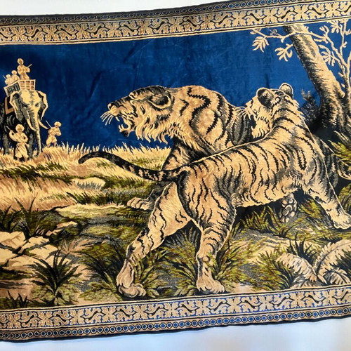 Large vintage tapestry with tigers and elephants on blue background like new