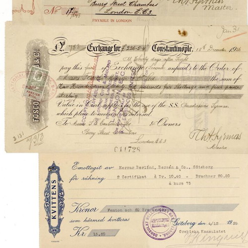 Foreign checks used, pack of 4, 1925-1929