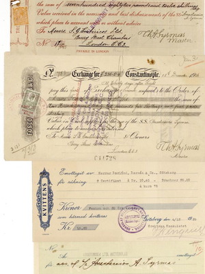 Foreign checks used, pack of 4, 1925-1929