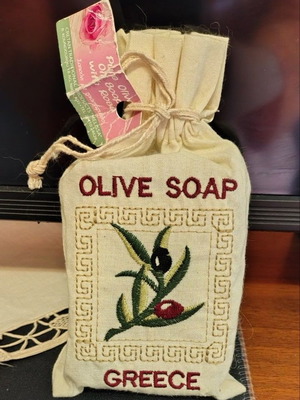Traditional Greek Olive Oil Soap in Embroidered Cotton Pouch like new