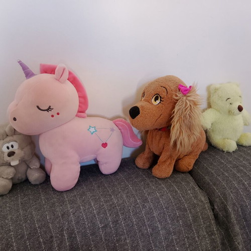 Set of 4 Plush Toys including Interactive Dog with Sound, Unicorn, Winnie & Mouse