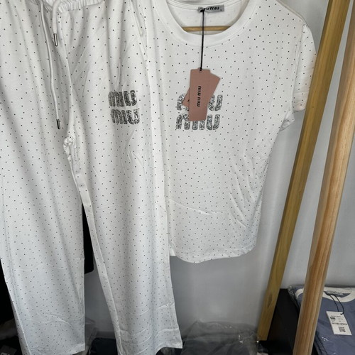Miu Miu women's set with white strass T-shirt and pants new