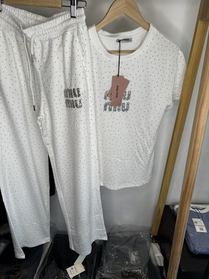 Miu Miu women's set with white strass T-shirt and pants new