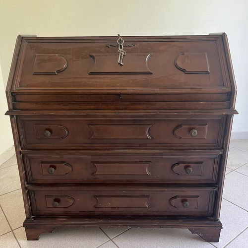 Vintage wooden secretary desk, dark brown, 3 outer and 2 inner drawers