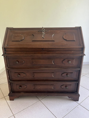 Vintage wooden secretary desk, dark brown, 3 outer and 2 inner drawers