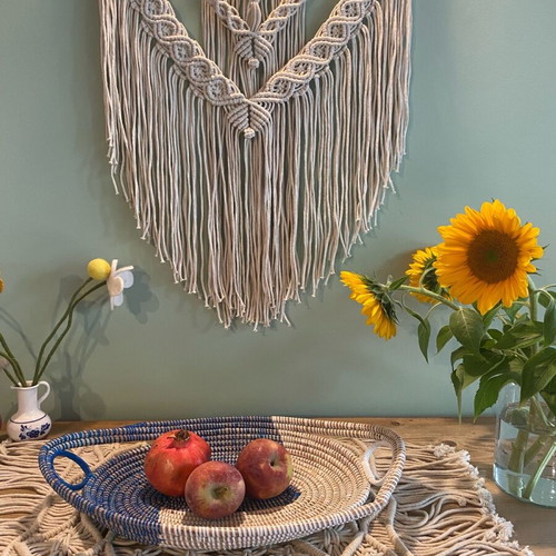 Set of woven fruit bowls from Africa new, white-blue, 3 pieces