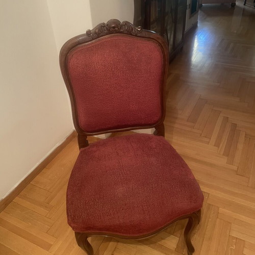 Two Louis Quatorze armchairs and two chairs used, carved walnut wood, handmade