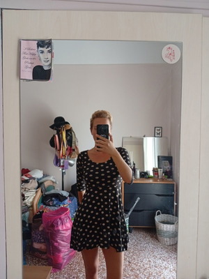 Mini casual dress, black and white polka dots