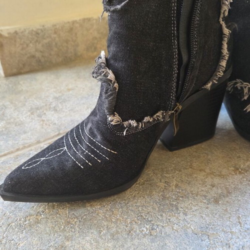 Cowboy boots black denim ankle with zipper, pointed toe, 8cm heel like new
