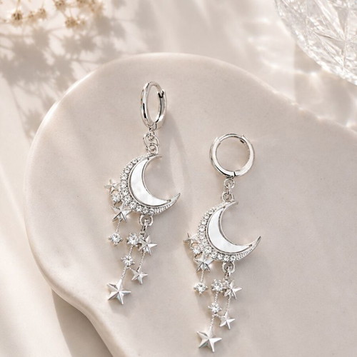 Celestial Earrings Moonlight Stars Handmade Silver Chandelier