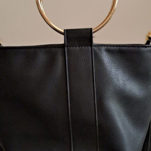 Bucket bag black faux leather with metal rings like new