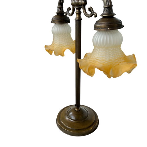 Bronze double lamp like new with vintage glass