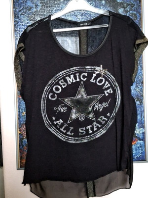 On Line black blouse with all star print and gold details, size M