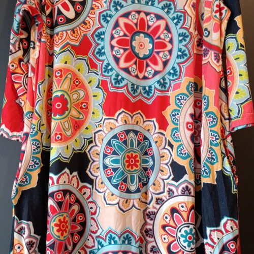 Plus size casual dress with 3/4 sleeves, colorful mandala print