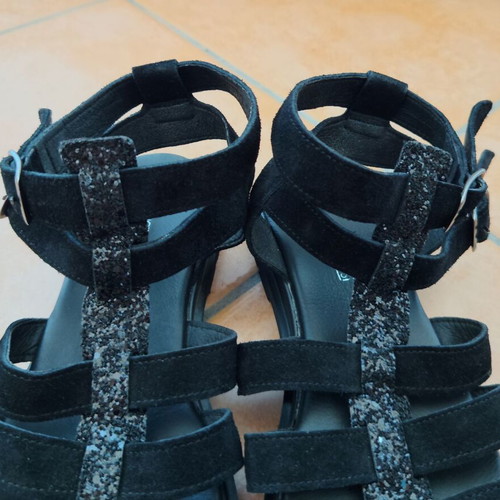 Evangelia Drosi women's leather gladiator sandals glitter black size 40