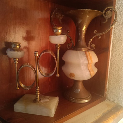 Decorative items used, copper and alabaster onyx set of four