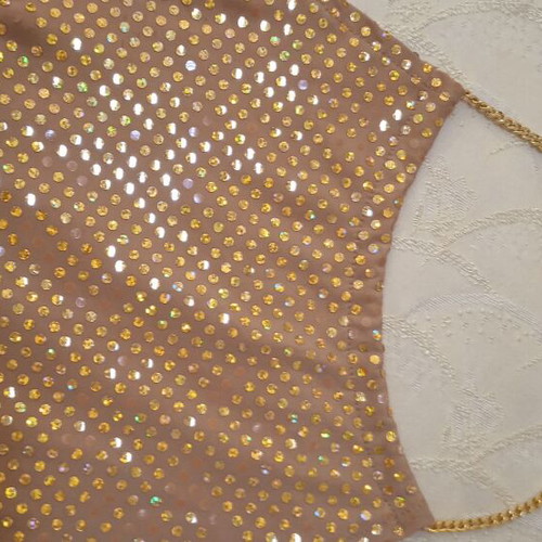 Blouse used, beige and gold with chain neck detail