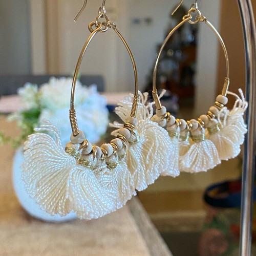 Accessorize oval dangle earrings new with beige and gold tassels