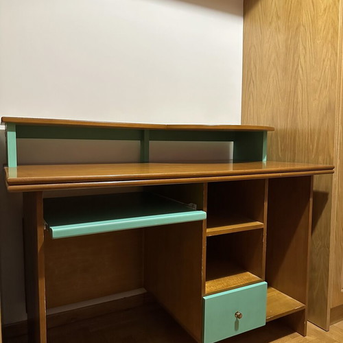 Wooden classic desk used with raised shelf and drawers