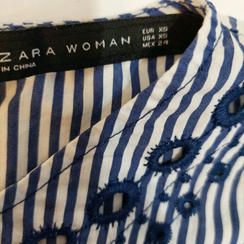 Zara women's striped blouse white blue with embroidery like new XS-Small