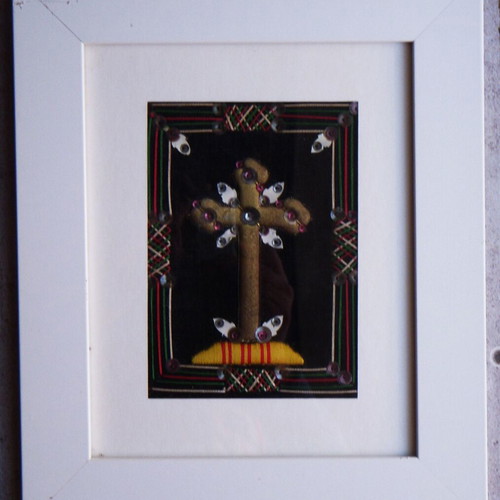 Vintage handmade embroidery Cross with gold thread and sequins in white frame