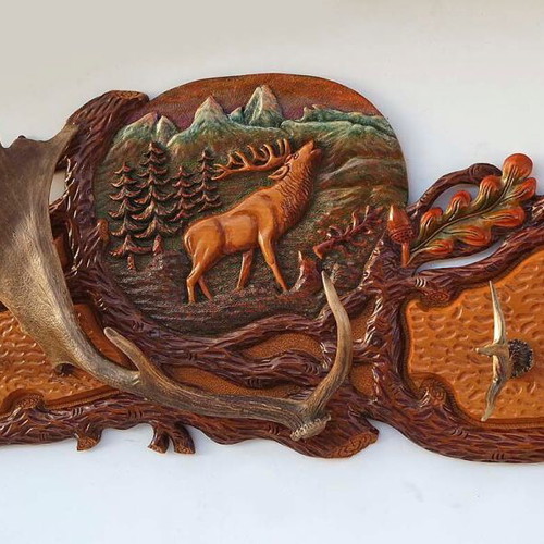 Woodcarving coat rack with elk and roe deer antlers new