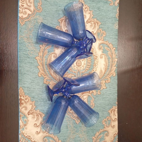Vintage set of 6 cobalt blue champagne flutes with ribbed pattern