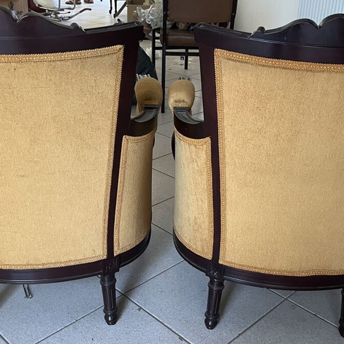 Vintage armchair set with mustard velour and carved dark wood frame